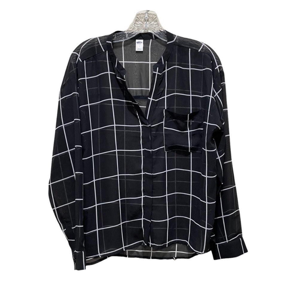 Old Navy Sheer Window Pane Button Up Blouse Black and White Size XL